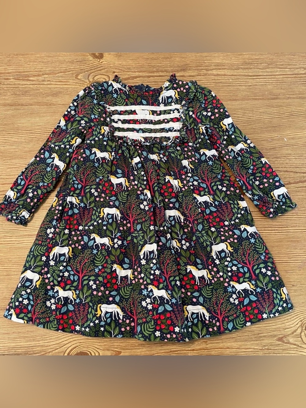 Mini Boden Unicorn Print Long-Sleeve Dress Navy